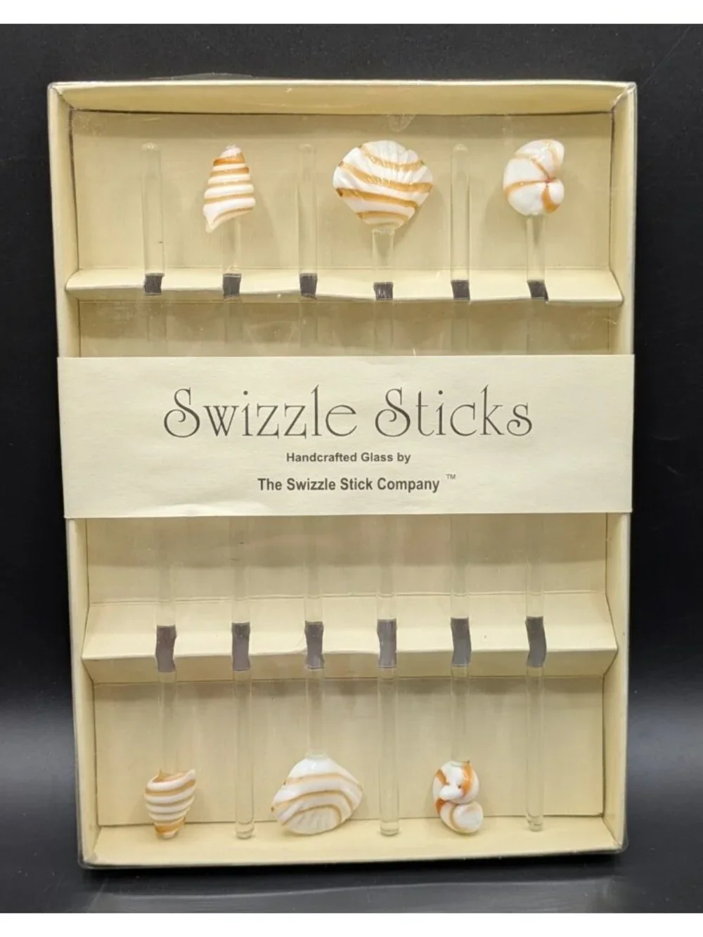 Pier 1 Imports Set Of 6 Swizzle Sticks Drink Stirrers Blown Glass Sea Shells NIB